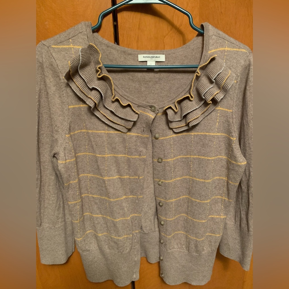 NEW Banana Republic Stretch Checkered Ruffle Cardigan SZ L